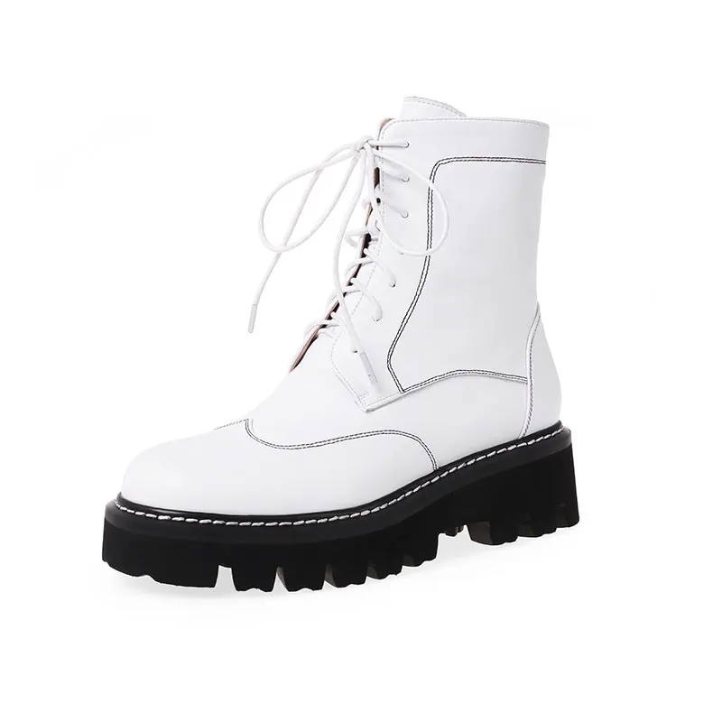 ROBESPIERE ботинки в байкерском стиле с круглым носком; обувь из натуральной кожи на шнуровке; женские зимние теплые плюшевые ботильоны на платформе; B79 - Цвет: White Leather Lining