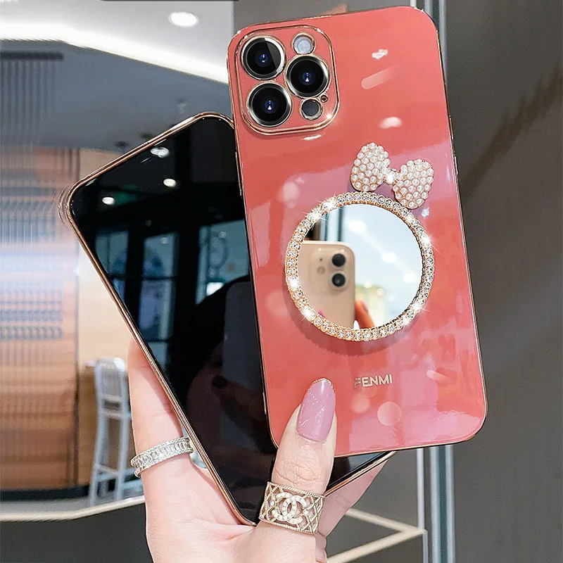 Luxury Brand 3D Makeup mirror Pearl Bow Phone Case For Iphone 12 11 Pro Max 6 7 8 Plus X XR Fashion Plating Glitter Soft Cover