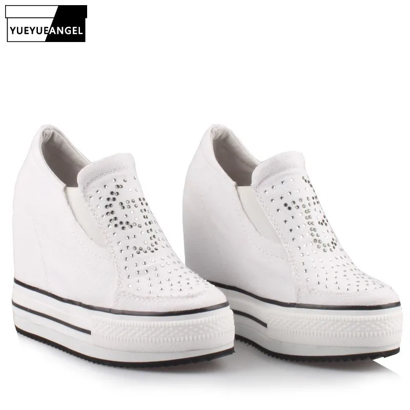 Лоферы холщовые стразы женские на платформе удобные повседневные туфли-лодочки