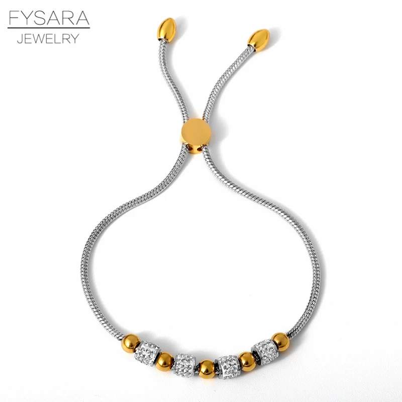 Silver gold color FYSARA 4 цвета из нержавеющей стали золотые черные бусины Crsytals браслеты для женщин Регулируемый Жесткий браслет-цепочка мужские ювелирные изделия для пар - Окраска металла: Silver gold color