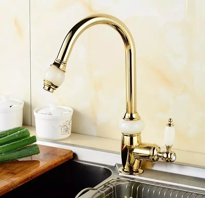 Золотой кухонный смеситель pull out Спрей головка кран jade crastal ручка бортике краны латунь Раковина корпус