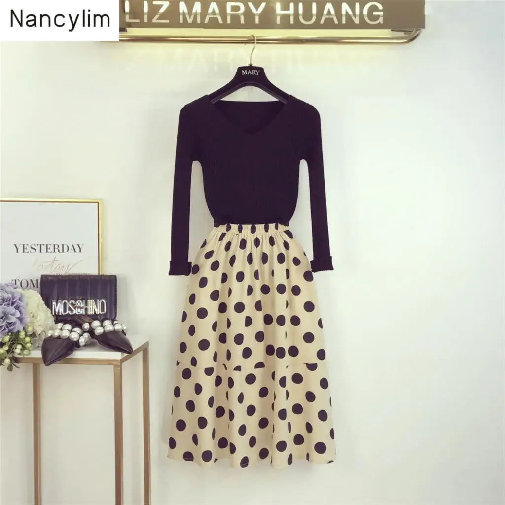 2019 Autumn 2 Piece Set New Women's V-neck Slim Body Knit Sweater + Loose High Waist Wave Skirt Two-piece Suit Femme Student | Женская