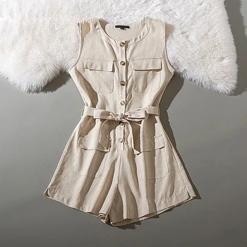 

Cthink Summer 2020 Line Playsuit Women Regular Belt Slim Beige Short Sleeve Short Jumpsuit For Woman Summer Women's Jumpsuits