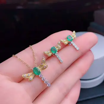 

MEIBAPJ NATURAL EMERALD DRAGONFLY JEWELRY SET 925 STERLING SILVER NECKLACE EARRINGS 2-PIECES SUIT FINE JEWELRY FOR WOMEN