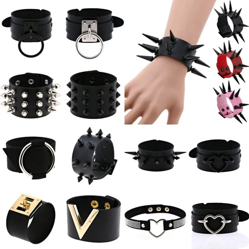 Emo Spike Bracelets For Women Men Goth Punk Vegan PU Leather Couple Cuff Bangles Studded Halloween Wristband Jewelry | Украшения и