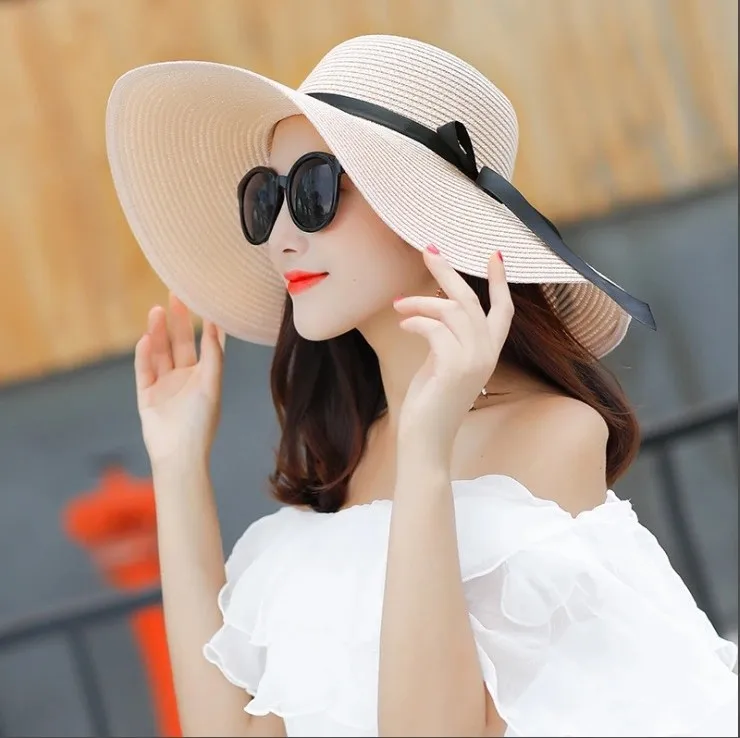 Cappelli di paglia bianchi a tesa larga estivi cappelli da sole grandi per  donna protezione UV cappelli da spiaggia floscio Panama cappello da donna  con fiocco chapeau femme|Women's Sun Hats| - AliExpress