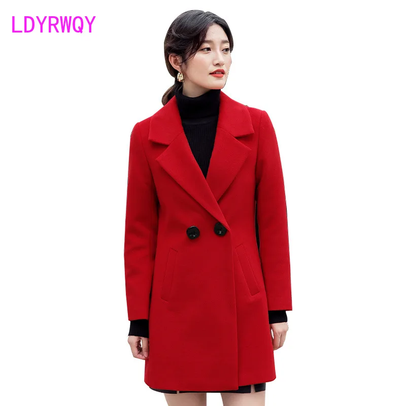 2019 winter female Korean version of woolen coat Turn-down Collar  Double Breasted  Regular  Pockets  Solid  Regular