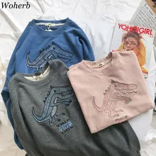 Woherb в японском стиле, очаровательные кофты с капюшоном, Мультяшные Животные Динозавр с вышивкой для девочек; в стиле Харадзюку Толстовка Розовый Топ Уличная пуловер