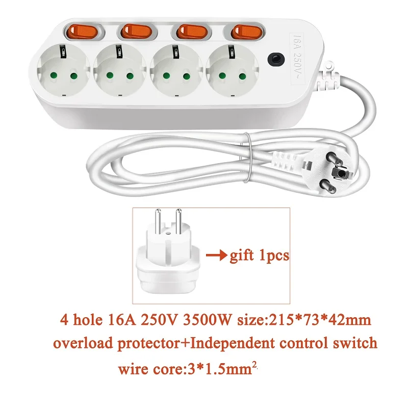 Штепсельная вилка европейского стандарта, 6 розеток, мощность 250 в 16 А, силовая лента, штепсельная вилка европейского стандарта, штепсельная вилка, сетевой адаптер, удлинитель 1,5 м 2,5 м Независимый выключатель - Цвет: 4AC Output