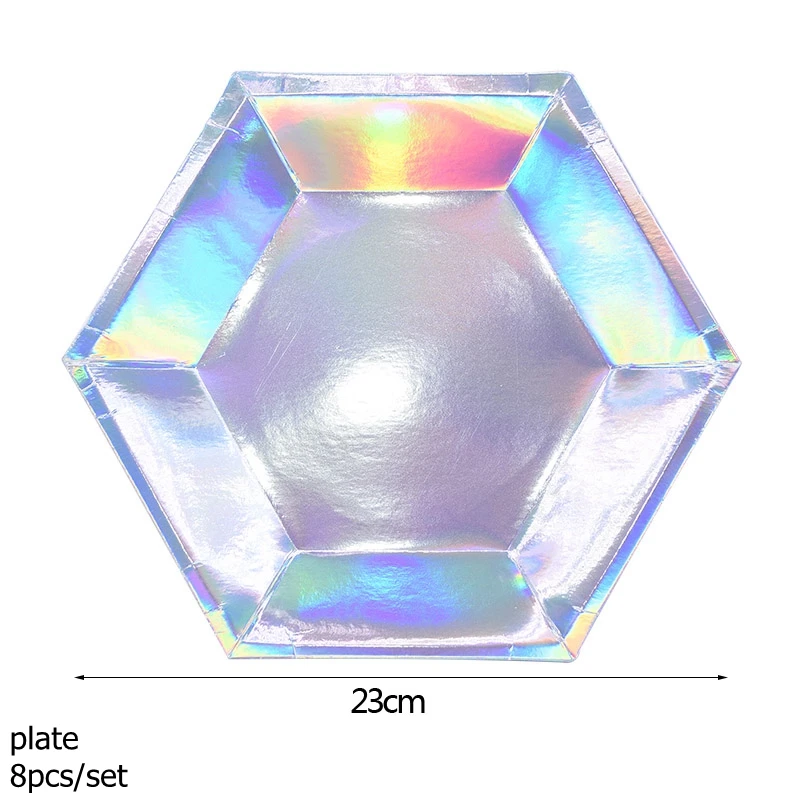 Лазерные серебристые и розовые одноразовые столовые приборы, набор чашек, тарелок, салфеток, соломинки, свадебные украшения, принадлежности для дня рождения - Цвет: SB03 8pcs plates