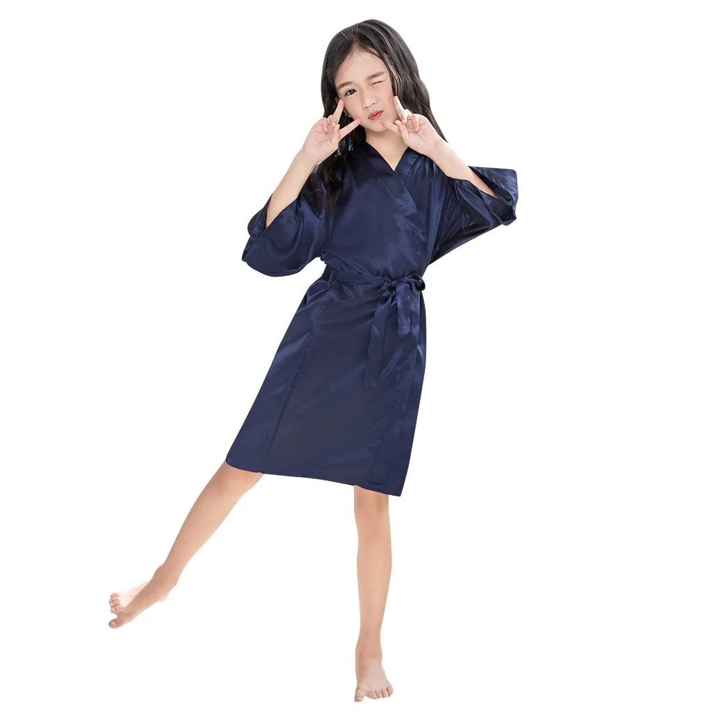 Toddler Baby Kids Girls Solid Silk Satin Kimono Robes Bathrobe Sleepwear Clothes 1PC Bathrobe+1PC Ribbons G1021 - Цвет: Navy