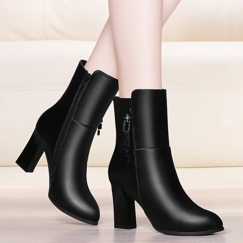 

Neb angel Pointed Toe Chunky Heel High-Heel Tube Leather Boot 2019 Autumn And Winter New Style Boots WOMEN'S Shoes Large Size Wo