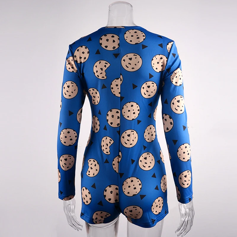 Cartoon Cookies Printed Women Sexy Oneies Bodycon Jumpsuit Romper Long Sleeve HomeWear Tracksuit Playsuit Pajama Onesies
