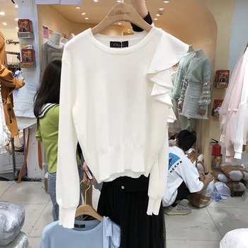 

Ruffle Off Shoulder Sweater Women Long Sleeve Knitting Pullover Round Collar Long-sleeved Knitted Sweater Women Puff Femme