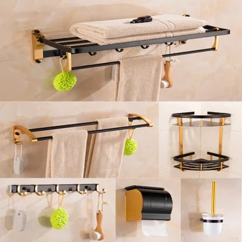 

Alumimum Black and Golden Bathroom Pendant Suit European Toilet Hardware Pendant Set Towel Rack