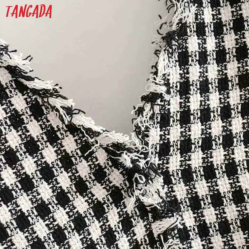 Tangada женское клетчатое платье без рукавов с кисточками и v-образным вырезом в Корейском стиле зимнее женское мини платье vestidos 3A43