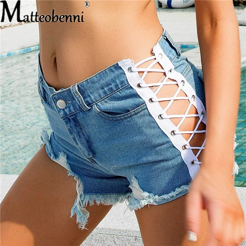 Fashion Sexy Summer New Women Black White Ripped Straight Denim Shorts High Waisted Tassel Elastic Lace Up Bandage Club Hotpants
