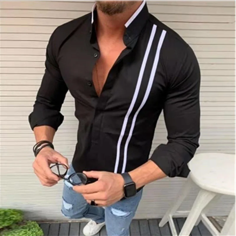 

Fall 2020 new men's fashion solid color striped color matching long sleeve shirt