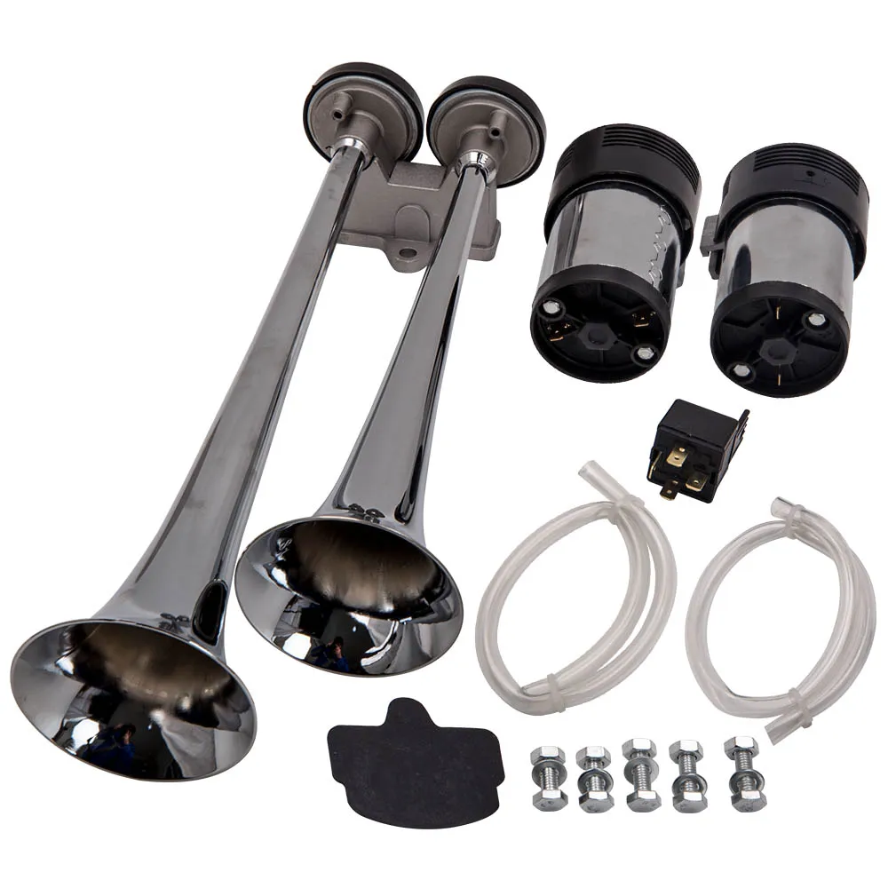 12V 150DB Chrome Dual Trumpet Train Air Horn Compressors Kit Car Train