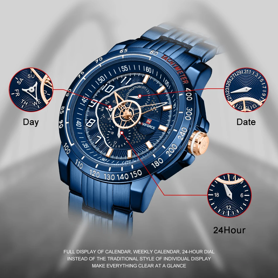 NAVIFORCE Роскошные Брендовые мужские спортивные часы, синие полностью Стальные кварцевые часы, мужские водонепроницаемые военные часы с датой, мужские часы