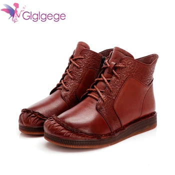 

GLGL 2020 Handmade Women'S Leather Ankle Boots Soft Bottom Flat Mori Girl Side Lace-up Round Toe Retro Stort Boots Coffee/Khaki