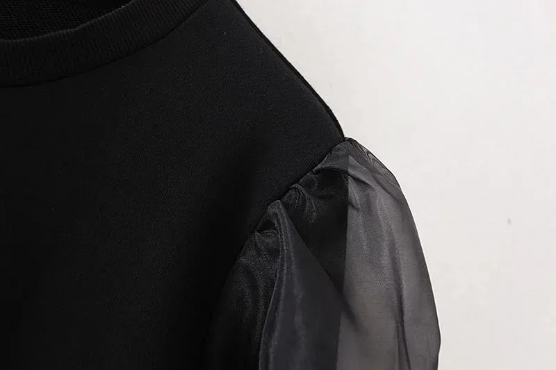ZA осенне-зимний женский кружевной шифоновый прозрачный рукав модный черный Свободный свитшот Повседневный шикарный женский пуловер Женский пуловер