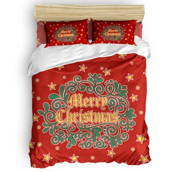 

Merry Christmas Red Stars With Christmas Plants Printing Custom Bedding Set 3D Digital Printing Christmas Bedding Set US KING QU