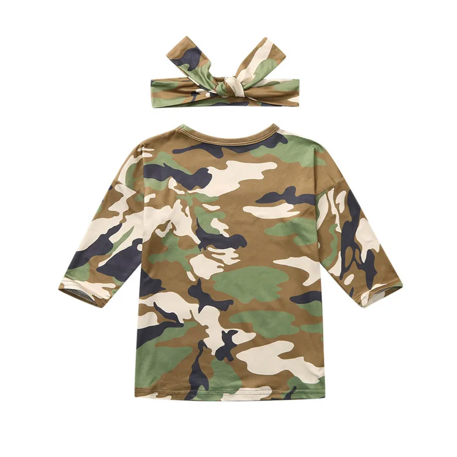 Toddler girl clothes set camouflage printed princess dress set + headscarf long sleeve camouflage print dress headband set 40A1 (3)