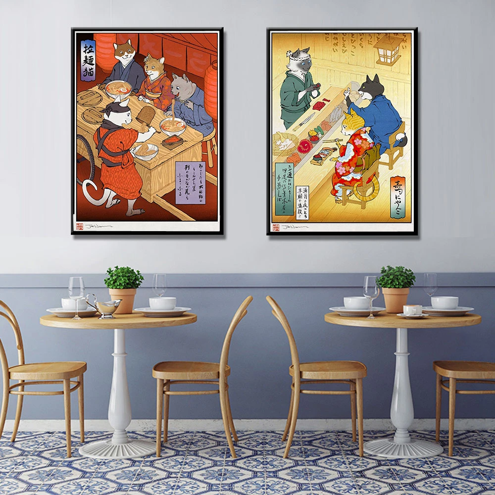 日本のレトロな食べ物のポスターとプリント白地で着色された猫の抽象的な壁の写真キッチンレストランの家の装飾 絵画 書道 Aliexpress