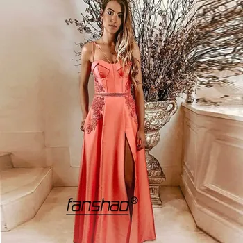 

Orange Satin Evening Dresses Slit Spaghetti Straps Lace Special Occasion Islamic Dubai Saudi Arabic Evening Gown Prom Dress