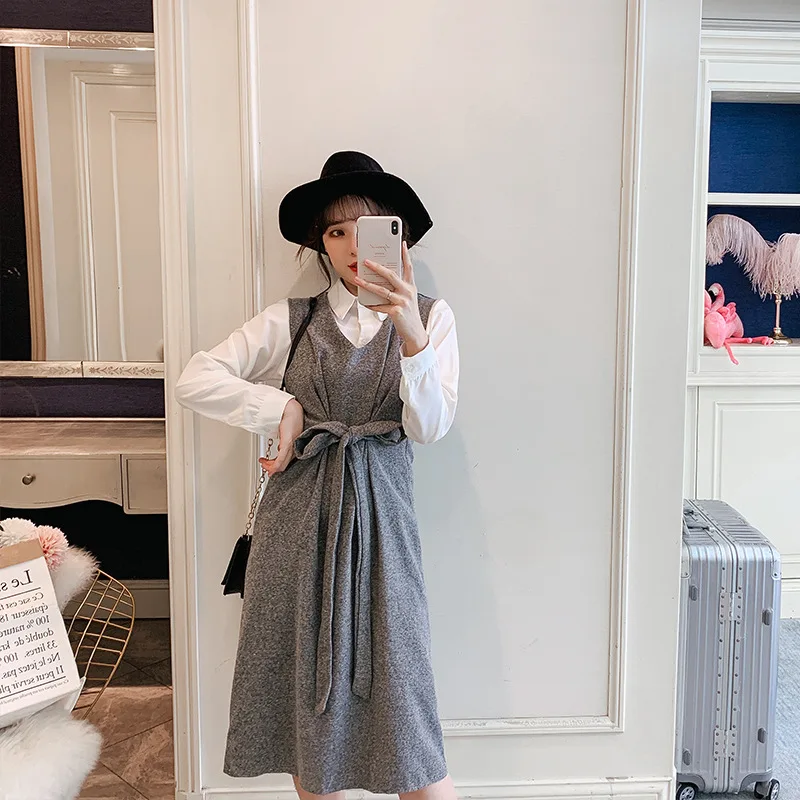 

2019 Autumn Clothing New Style Large Size Dress Large GIRL'S Korean-style Mid-length Jumper Dress Shirt Two-Piece Set Women's Fa