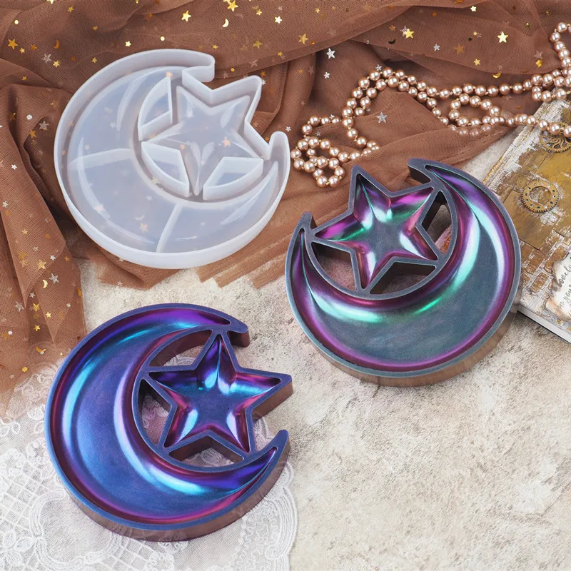 Diy cristal resina epóxi estrela lua placa prato caixa de armazenamento espelho silicone molde silicone para resina
