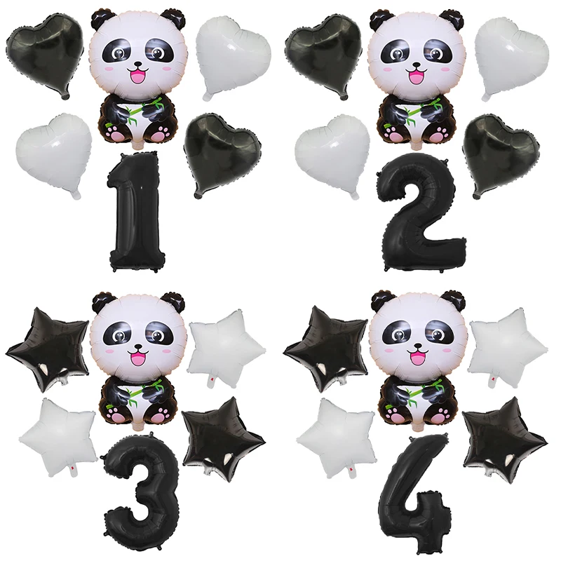 

6pcs Cartoon Panda Balloon Black Star Set Number Foil Balloons Children Birthday Party Decoration 1-9 Years Anniversary Supplies
