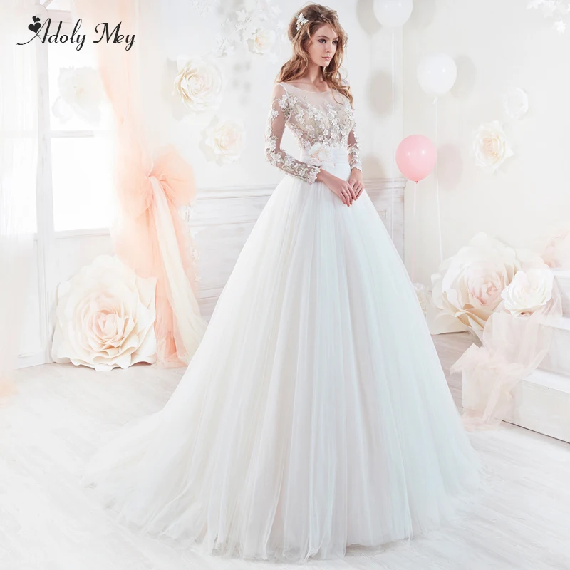 

Adoly Mey New Elegant Scoop Neck Appliques Long Sleeve A-Line Wedding Dresses 2020 Luxury Beaded Flowers Sweep Train Bridal Gown