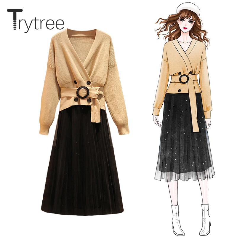 Trytree/осенне-зимний женский костюм из двух предметов, повседневный двубортный топ с v-образным вырезом и поясом+ юбка, офисный комплект из 2 предметов