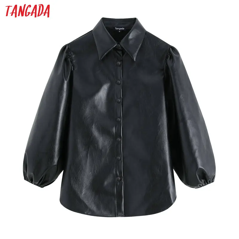 Baratos Tangada mujer faux leather black shirts 2019 nueva llegada linterna manga vintage mujer oversize blusas Blusas BE04