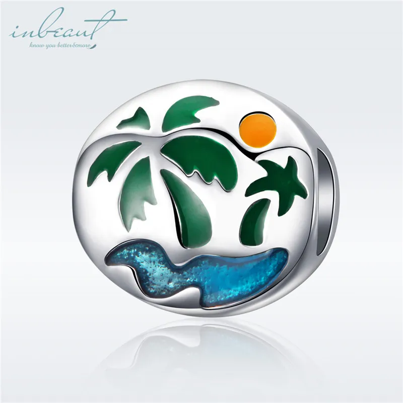 

S925 Sterling Silver fit Pandora Bracelet Sea Beach Coco Beads 925 Sunshine Coconut Tree DIY Bangles Jewelry Charms Making