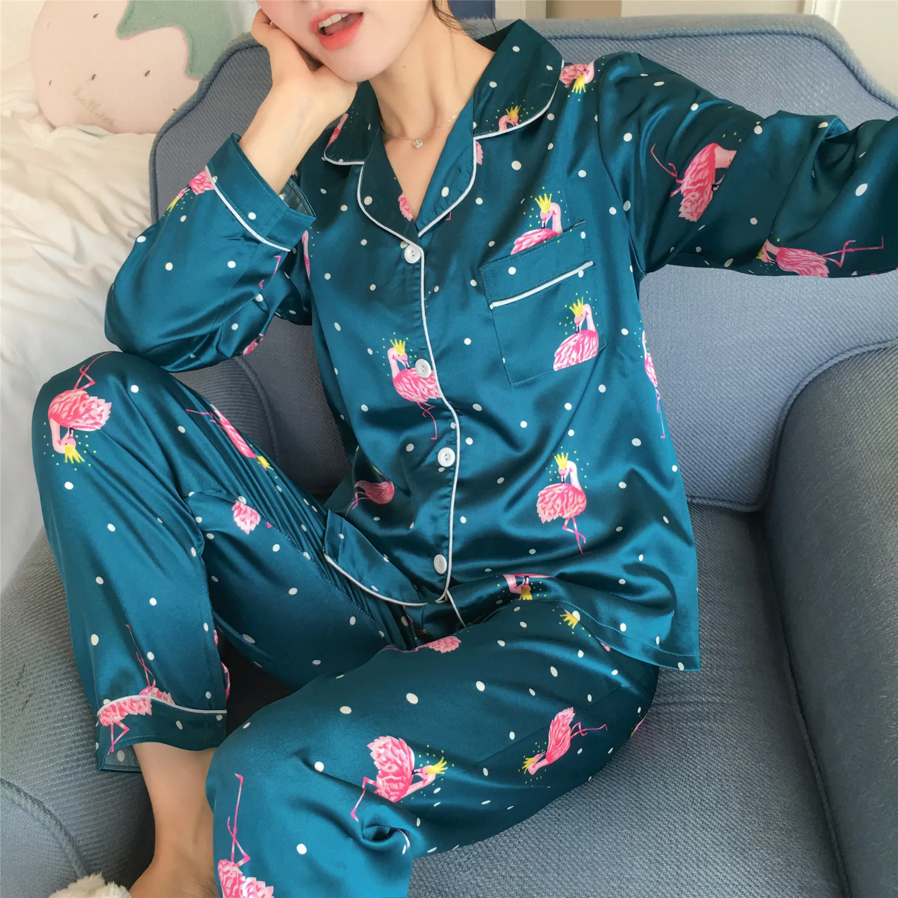 

8806 # Flamingo Cardigan Xx Long Sleeve Sweet Pajamas Homewear Set Series