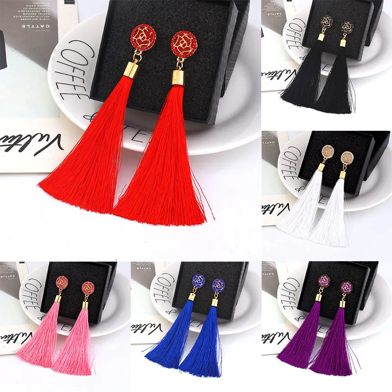 Women Bohemian Crystal Long Tassel Dangle Earrings For Girl Red White Silk Fabric Drop Rose Flower Earring Fashion Jewelry