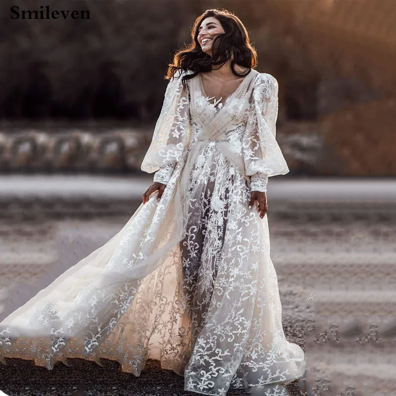 

Smileven 2019 Sexy Bohemian Lace Wedding Dress Puff Sleeves Deep V Neck Princess Bridal Gowns Backless Vestido De Noiva