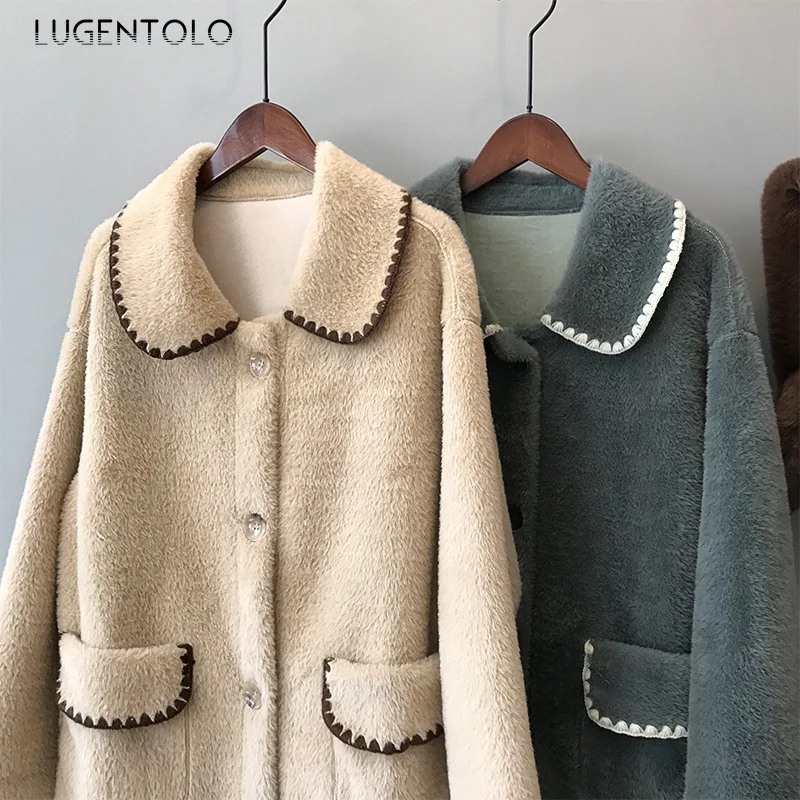 Lugentolo, Женское шерстяное осенне-зимнее пальто, плюшевое, корейское, свободное, милое, отложной воротник, однотонное, повседневное, теплое, женское, простое, уютное, длинное пальто
