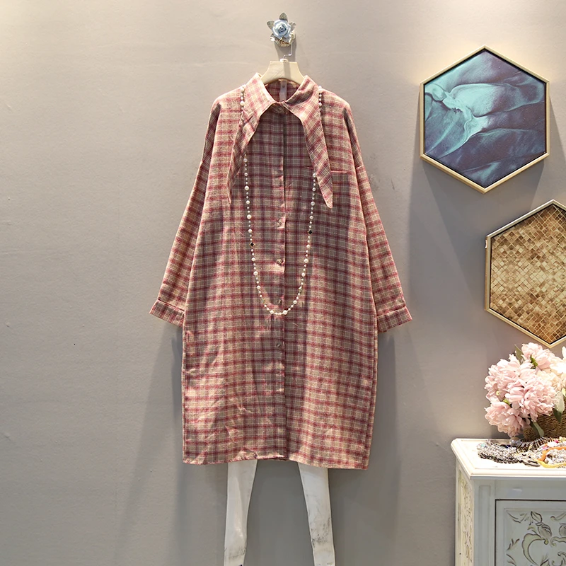 

[EWQ] 2019 Spring Autumn High Quality Lapel Long Sleeve Plaid Patchwork Sinlge Breasted Vintage Shirt Women AH46604.5XL
