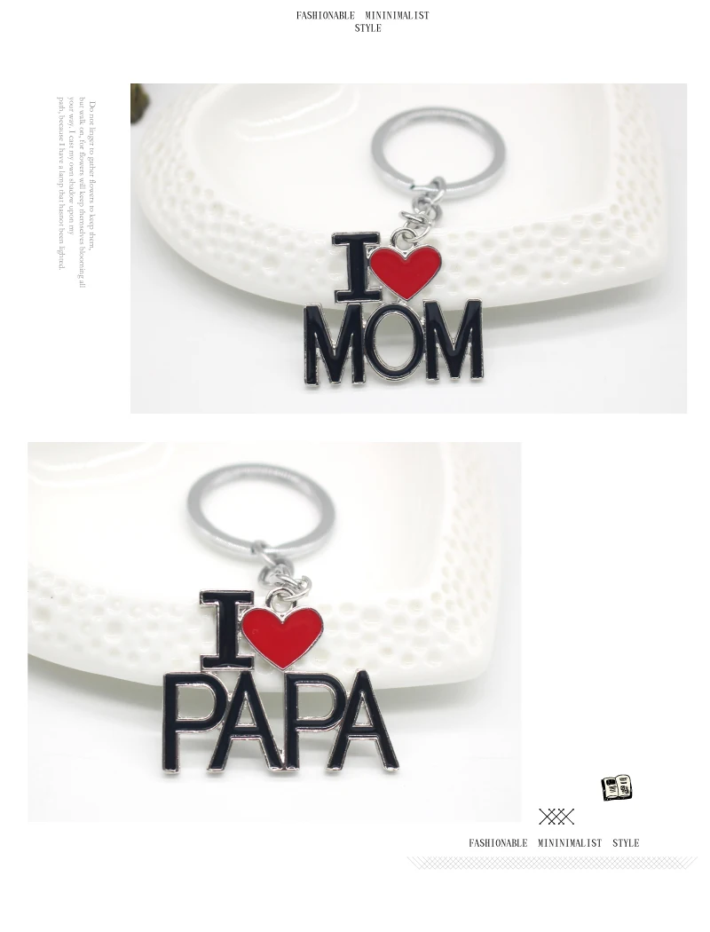Modische Buchstaben „I Love MOM&DAD&PAPA&MAMA“ herzförmiger Schlüsselanhänger, Persönlichkeit, Unisex, Metall-Schlüsselanhänger, Geschenk für Eltern, Schmucksets – Detail 5