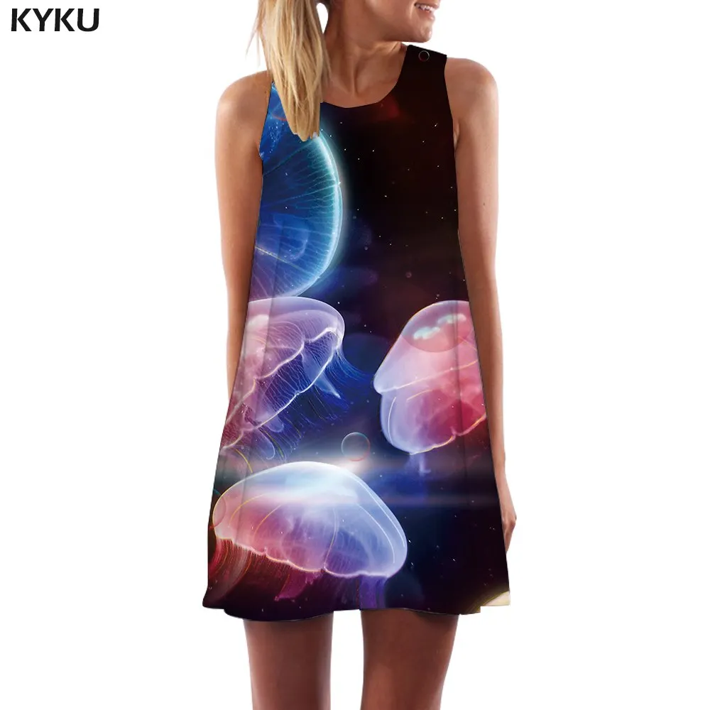 

KYKU Brand Jellyfish Dress Women Galaxy Office Animal Korean Style Colorful Sexy Harajuku Ladies Dresses Womens Clothing Casual