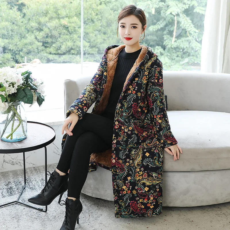

2019 Winter New Style Ethnic-Style WOMEN'S Dress Retro Printing plus Velvet plus Cotton Warm Large Size Mid-length Hooded Cotton
