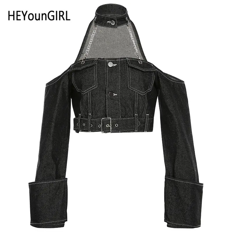 Черный HEYounGIRL Повседневное Harajuku джинсовая куртка Для женщин с лямкой на шее с открытыми плечами черные джинсовые шорты куртки женские корейский стиль Осеннее пальто - Цвет: Черный