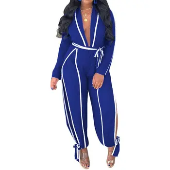 

Plain Sexy V Neck Side Split Striped Long Sleeve Jumpsuit Rompers Women Autumn Fall Party Clubwear High Waist Long Jumpsuit 2019