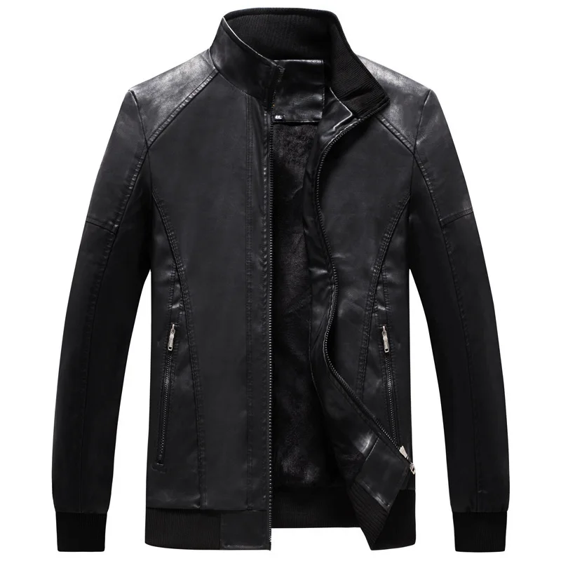 

2018 Men's plus Velvet Autumn And Winter Europe And America Large Size Loose-Fit Fat Lard-bucket PU Leather Stand Collar Leather