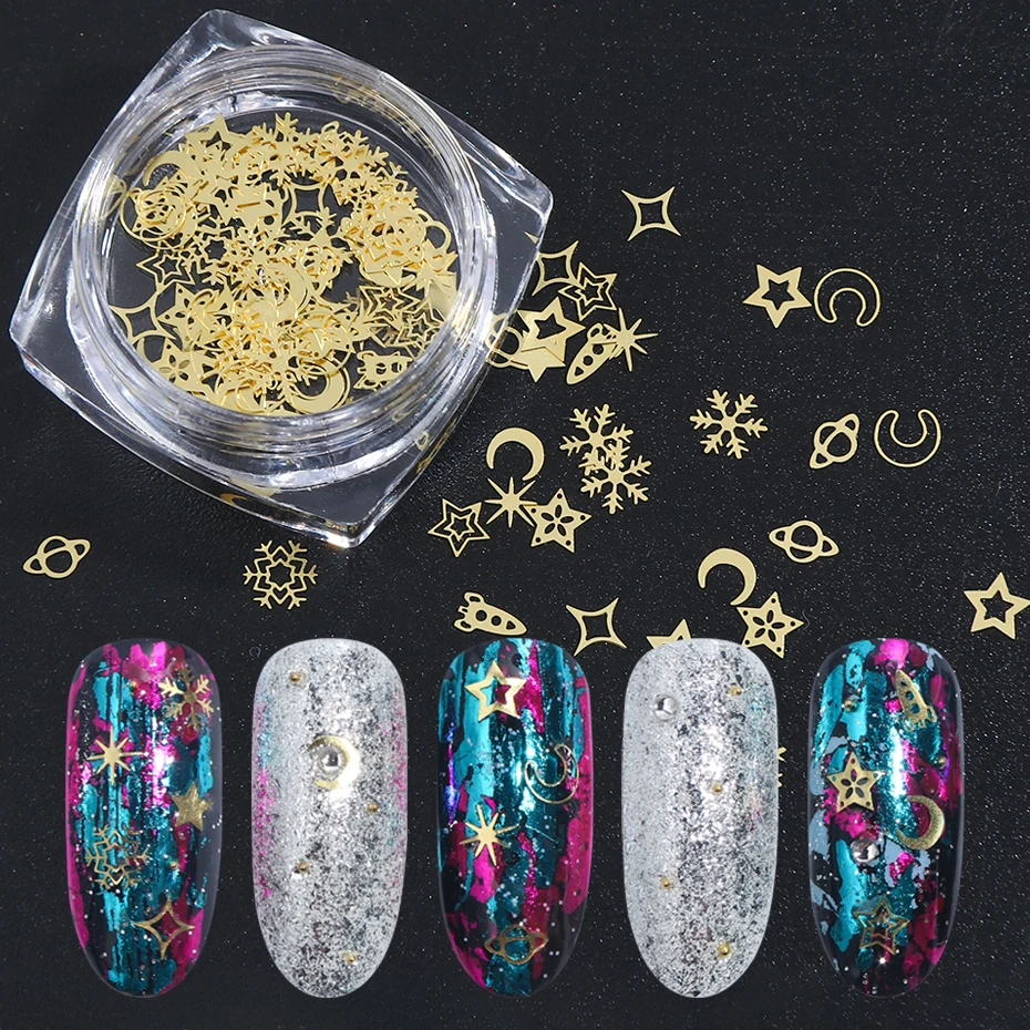 120pcs 3D Gold Metallic Slice Sequins Mixed Snowflake Star Planet Flakes Paillette Charms Nail Glitter Slider Accessory SA970-C