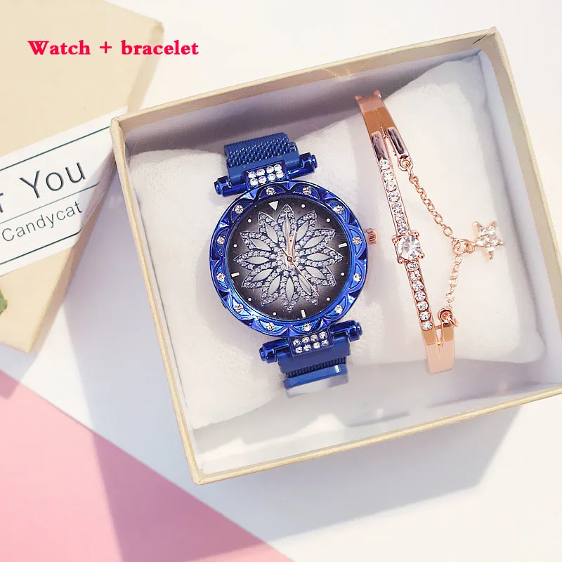 Blue and bracelet Женские с магнитом пряжка Клевер на удачу часы Роскошные женские кварцевые часы со стразами браслет набор Relogio Feminino - Цвет: Blue and bracelet